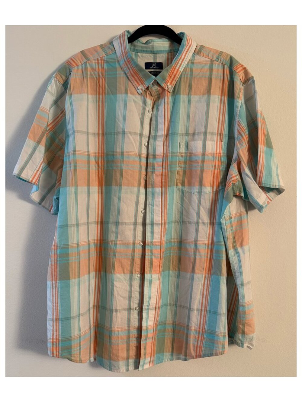 George Men’s 3XL Plaid Short Sleeve Button Down Shirt Blue Orange